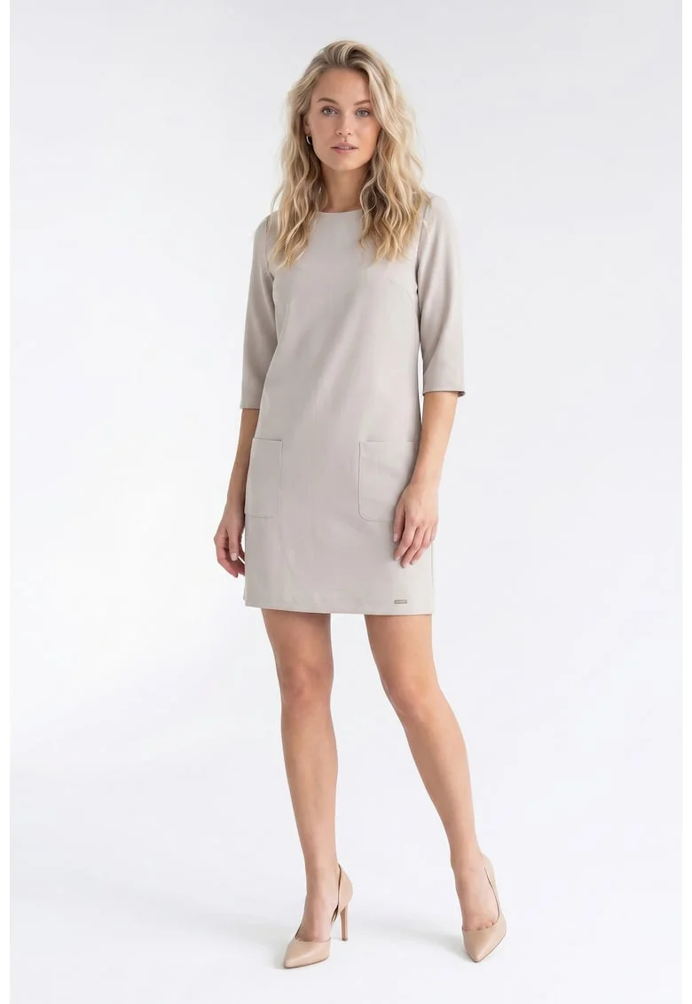 Rochie eleganta midi, cu decolteu rotund, maneca 3/4, croiala dreapta, cu fermoar si buzunare - M1350, Bej