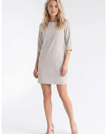 Rochie eleganta midi, cu decolteu rotund, maneca 3/4, croiala dreapta, cu fermoar si buzunare - M1350, Bej