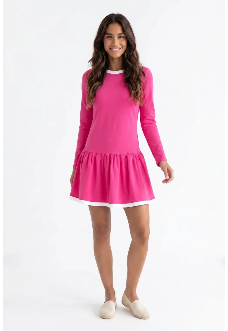 Rochie casual midi cu decolteu rotund, maneca lunga, croiala dreapta, din bumbac - M1379, Fucsia
