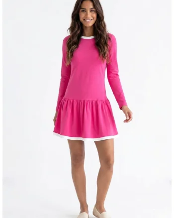 Rochie casual midi cu decolteu rotund, maneca lunga, croiala dreapta, din bumbac - M1379, Fucsia
