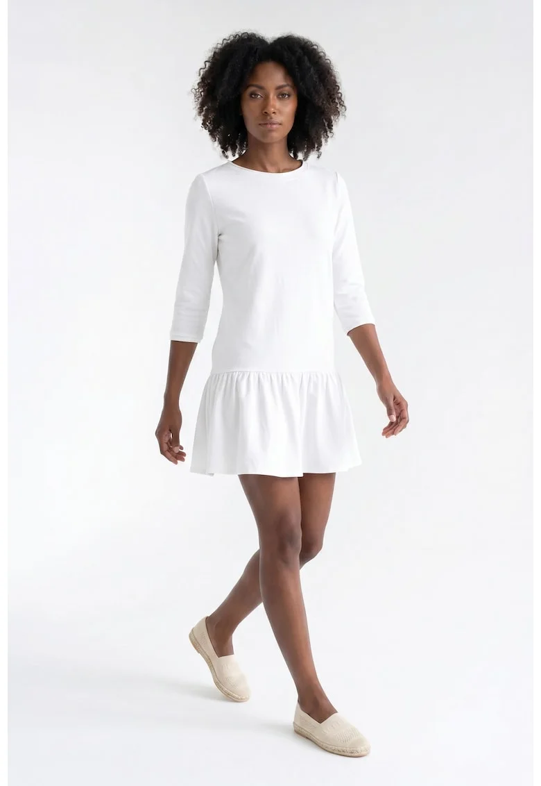 Rochie casual mini evazata cu decolteu rotund si maneci 3/4, din bumbac, fara inchidere - M1374, Ecru