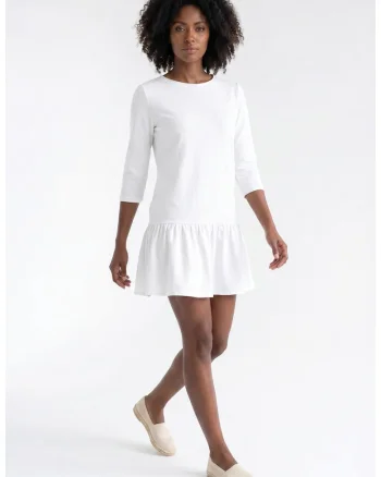 Rochie casual mini evazata cu decolteu rotund si maneci 3/4, din bumbac, fara inchidere - M1374, Ecru