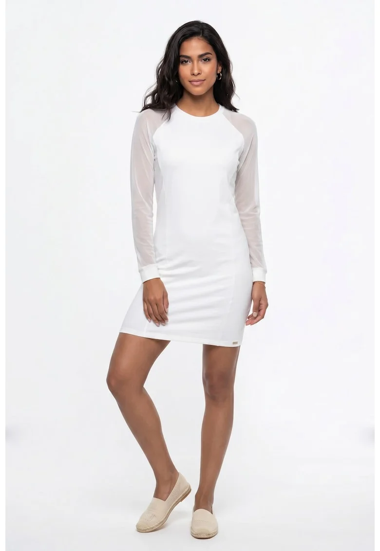 Rochie casual midi din bumbac, cu decolteu rotund, maneca lunga si croiala dreapta - M1354, Ecru