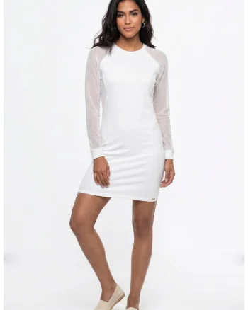 Rochie casual midi din bumbac, cu decolteu rotund, maneca lunga si croiala dreapta - M1354, Ecru