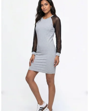 Rochie casual midi din bumbac, cu decolteu rotund, maneca lunga si croiala dreapta - M1354, Gri