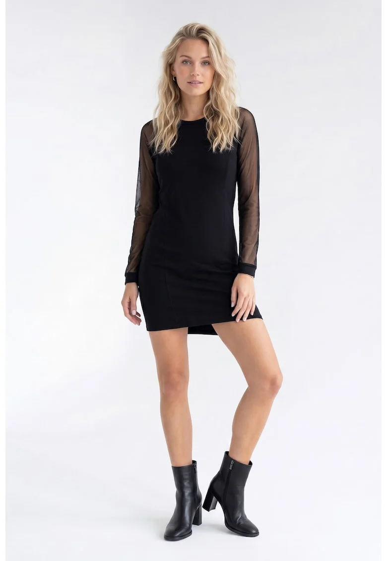 Rochie casual midi din bumbac, cu decolteu rotund, maneca lunga si croiala dreapta - M1354, Negru