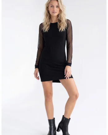 Rochie casual midi din bumbac, cu decolteu rotund, maneca lunga si croiala dreapta - M1354, Negru