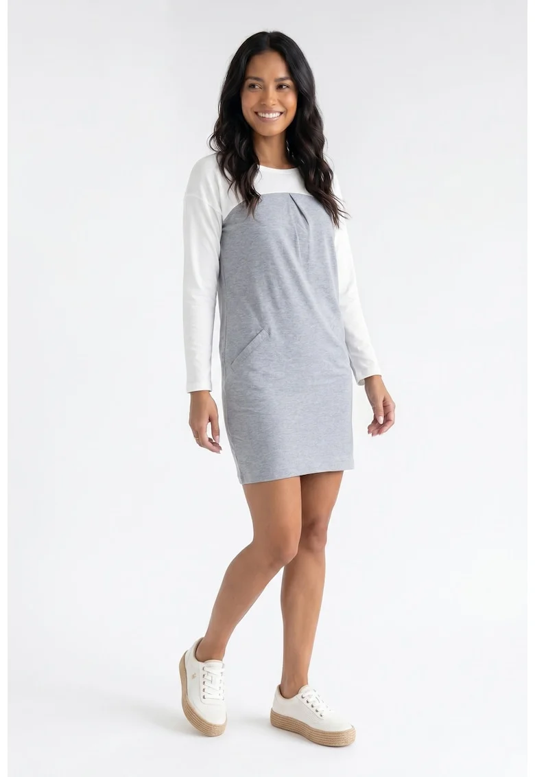 Rochie casual midi cu decolteu rotund, maneca lunga, croiala dreapta si buzunare - M1359, Gri