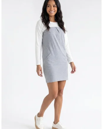 Rochie casual midi cu decolteu rotund, maneca lunga, croiala dreapta si buzunare - M1359, Gri