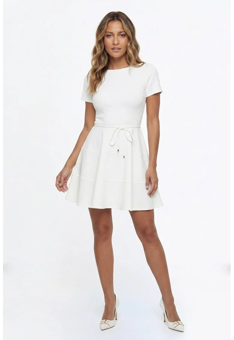 Rochie casual mini cu decolteu rotund, maneca scurta, croiala evazata si inchidere la spate - M1355, Ecru