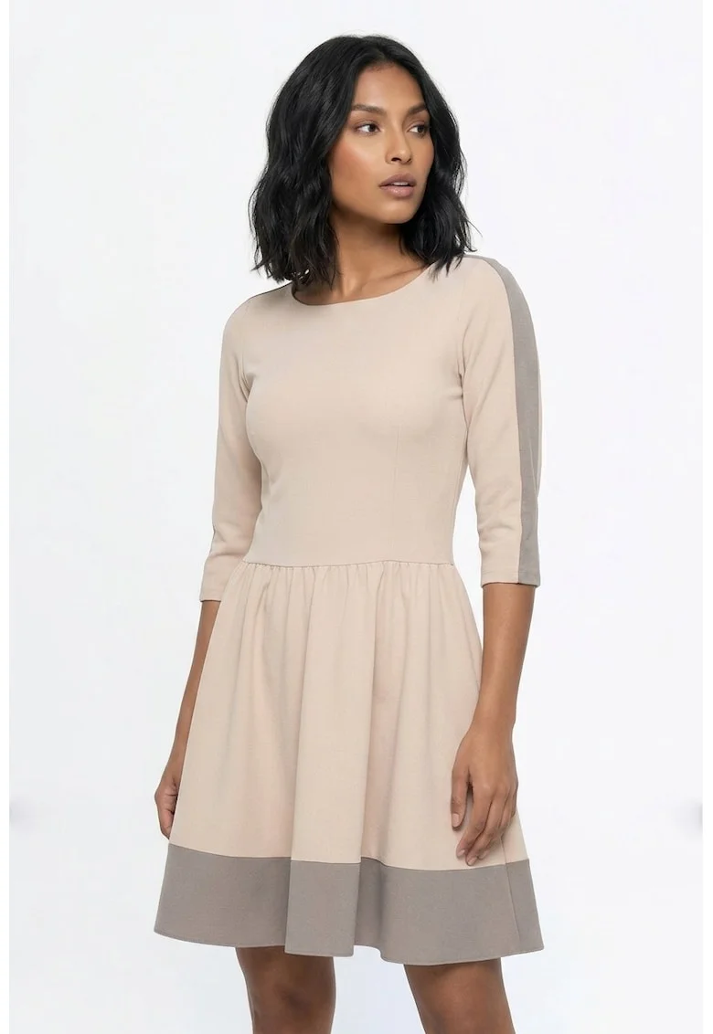 Rochie casual midi cu decolteu barcuta, maneca 3/4, croiala regular si inchidere la spate - M1337, bej, Bej