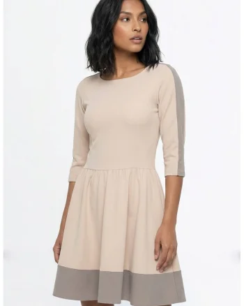 Rochie casual midi cu decolteu barcuta, maneca 3/4, croiala regular si inchidere la spate - M1337, bej, Bej
