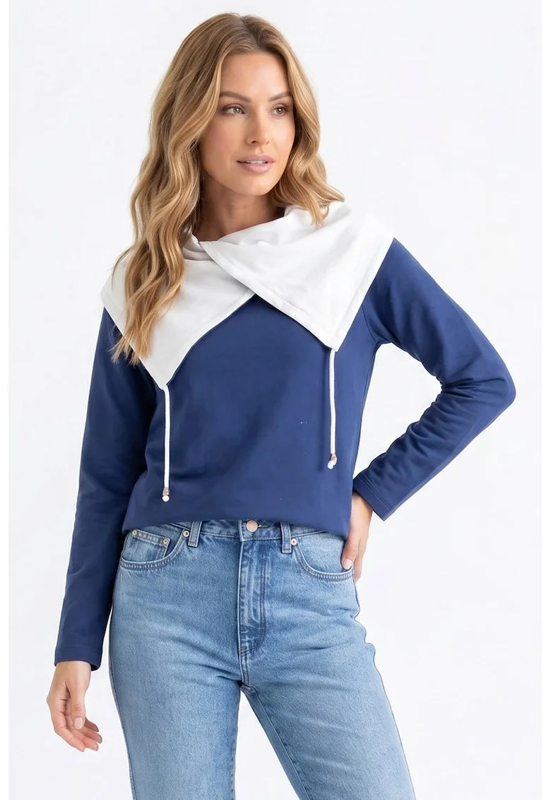 Bluza casual cu decolteu asimetric, maneca lunga, croiala regular, lungime standard, din bumbac - M1365, Bleumarin