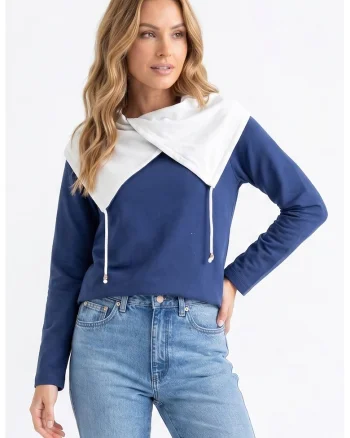 Bluza casual cu decolteu asimetric, maneca lunga, croiala regular, lungime standard, din bumbac - M1365, Bleumarin
