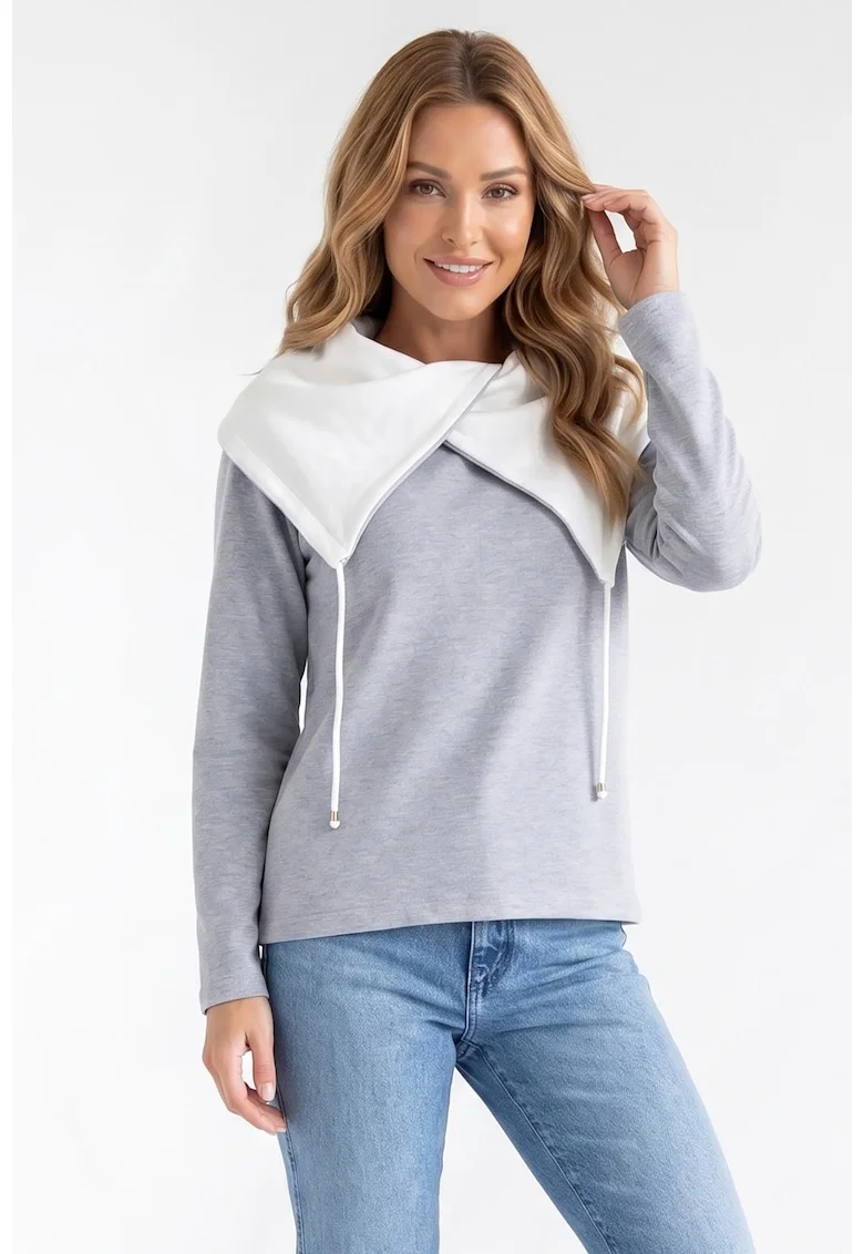 Bluza casual cu decolteu asimetric, maneca lunga, croiala regular, lungime standard, din bumbac - M1365, Gri
