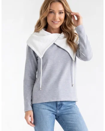 Bluza casual cu decolteu asimetric, maneca lunga, croiala regular, lungime standard, din bumbac - M1365, Gri
