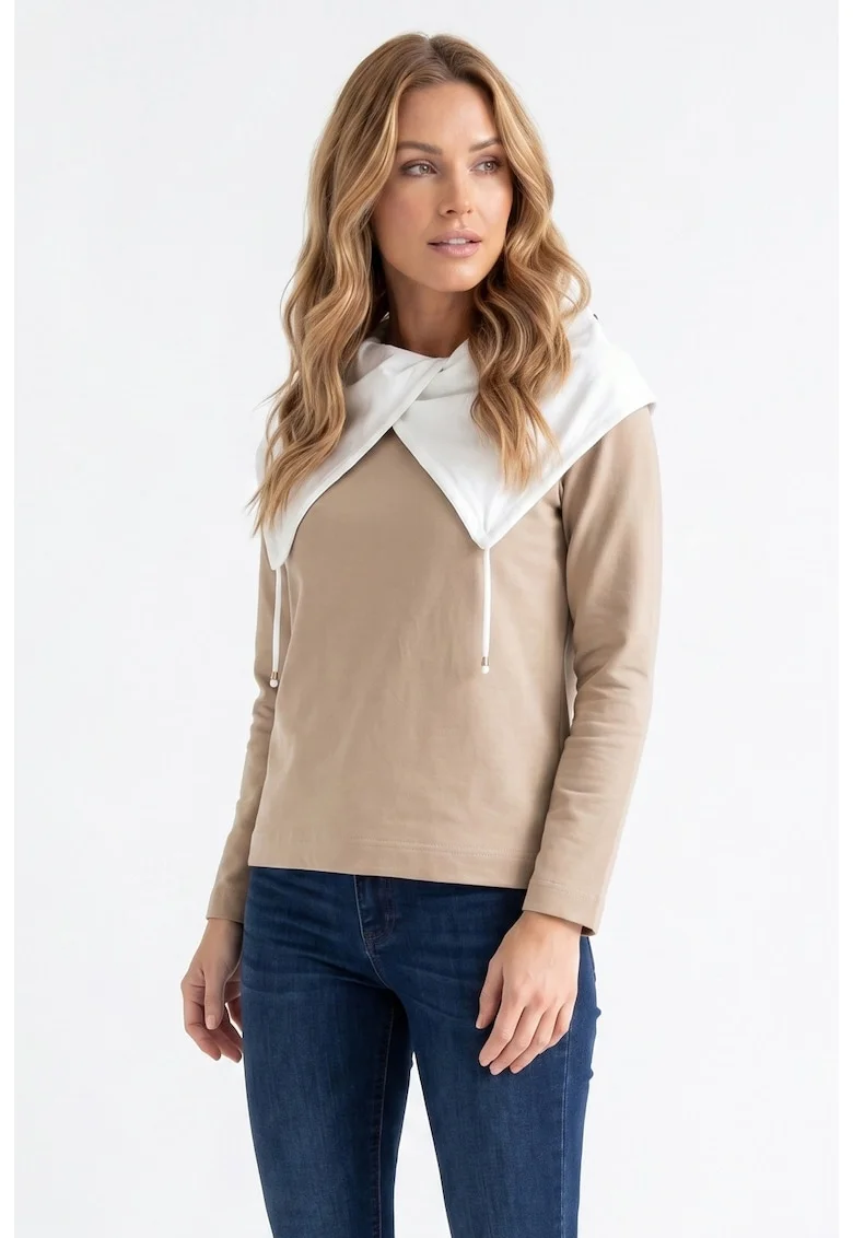 Bluza casual cu decolteu asimetric, maneca lunga, croiala regular, lungime standard, din bumbac - M1365, Bej