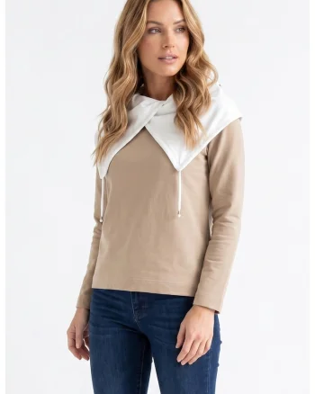 Bluza casual cu decolteu asimetric, maneca lunga, croiala regular, lungime standard, din bumbac - M1365, Bej
