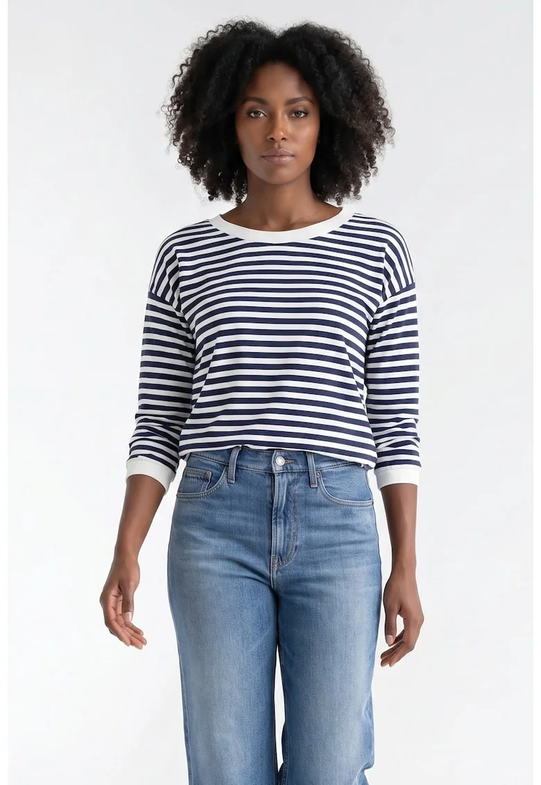 Bluza de zi cu zi cu decolteu rotund, maneca lunga, croiala regular, scurta, din bumbac - M1373, Bleumarin