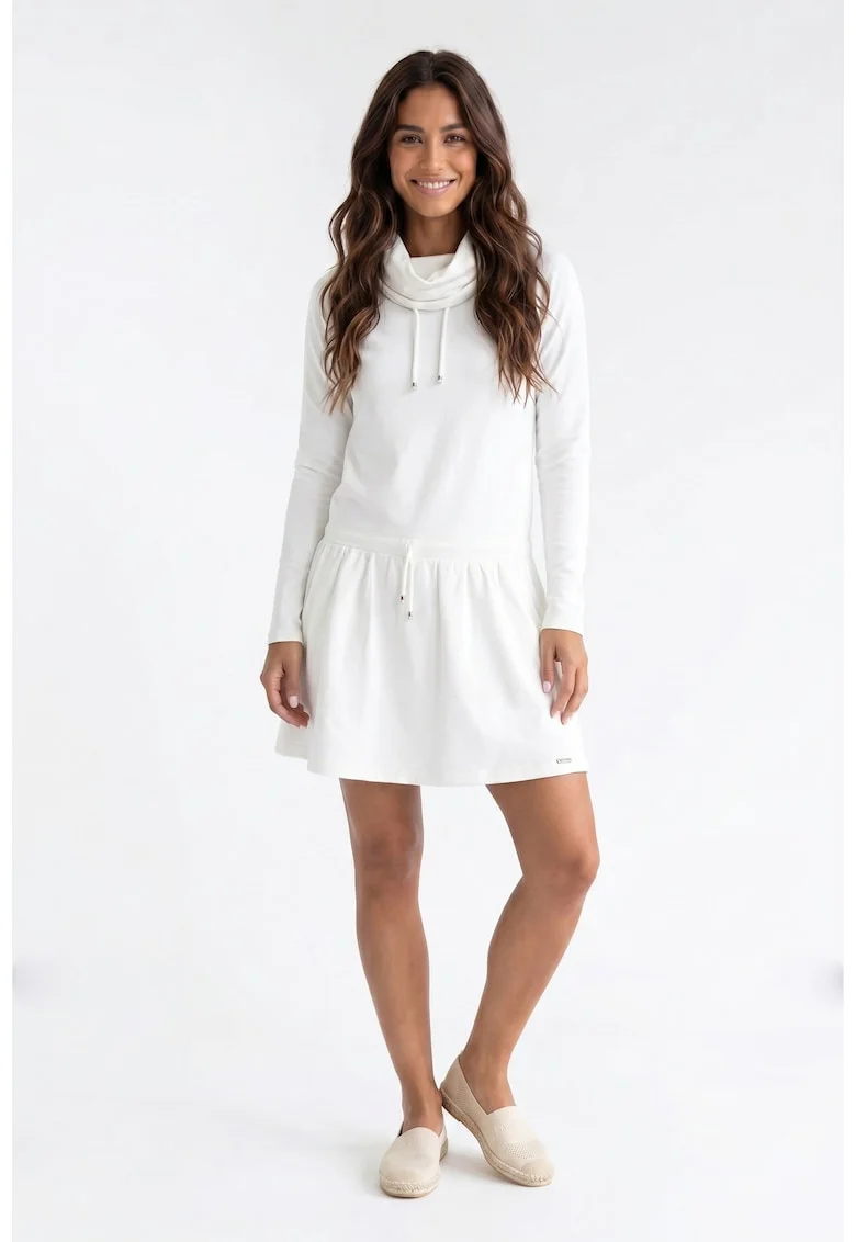 Rochie casual din bumbac, midi, cu guler inalt, maneca lunga, croiala dreapta, tip trening - M1378, Ecru