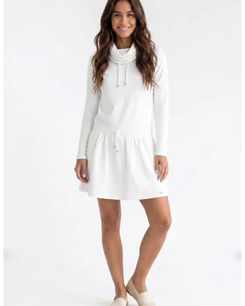 Rochie casual din bumbac, midi, cu guler inalt, maneca lunga, croiala dreapta, tip trening - M1378, Ecru