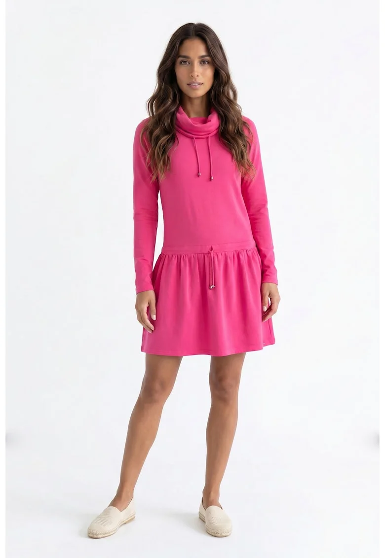 Rochie casual din bumbac, midi, cu guler inalt, maneca lunga, croiala dreapta, tip trening - M1378, Fucsia