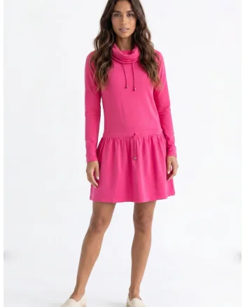 Rochie casual din bumbac, midi, cu guler inalt, maneca lunga, croiala dreapta, tip trening - M1378, Fucsia