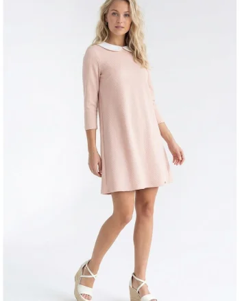 Rochie casual midi cu decolteu rotund, maneci 3/4, croiala lejera si inchidere la spate - M1340, Roz