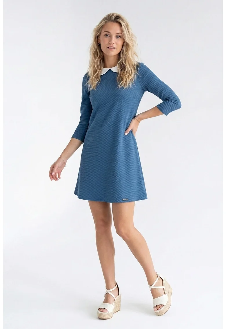 Rochie casual midi cu decolteu rotund, maneci 3/4, croiala lejera si inchidere la spate - M1340, Albastru