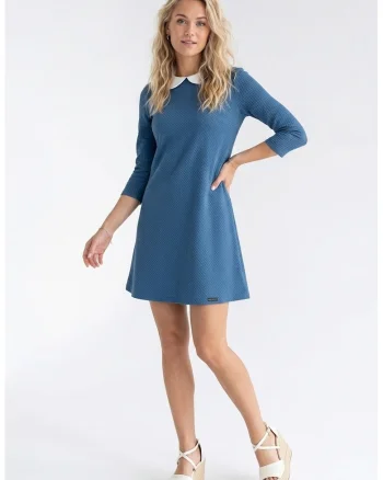 Rochie casual midi cu decolteu rotund, maneci 3/4, croiala lejera si inchidere la spate - M1340, Albastru