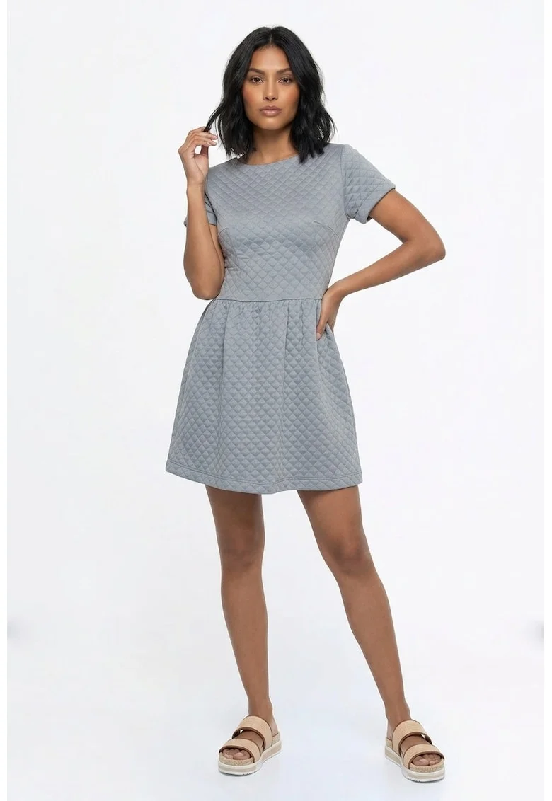 Rochie casual cu decolteu rotund, maneca scurta, croiala clasica evazata, midi, cu fermoar - M1366, Gri