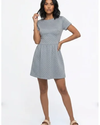Rochie casual cu decolteu rotund, maneca scurta, croiala clasica evazata, midi, cu fermoar - M1366, Gri