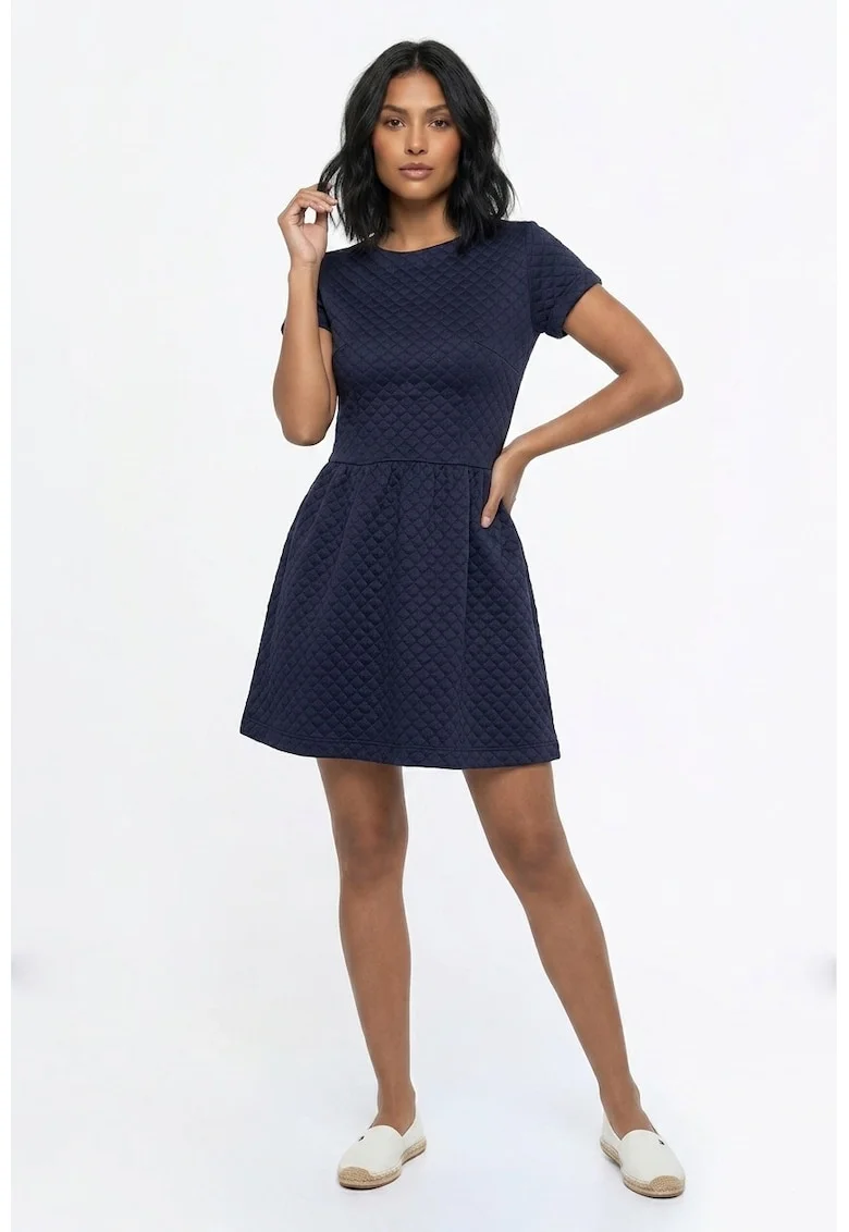 Rochie casual cu decolteu rotund, maneca scurta, croiala clasica evazata, midi, cu fermoar - M1366, Bleumarin