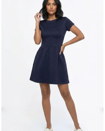 Rochie casual cu decolteu rotund, maneca scurta, croiala clasica evazata, midi, cu fermoar - M1366, Bleumarin