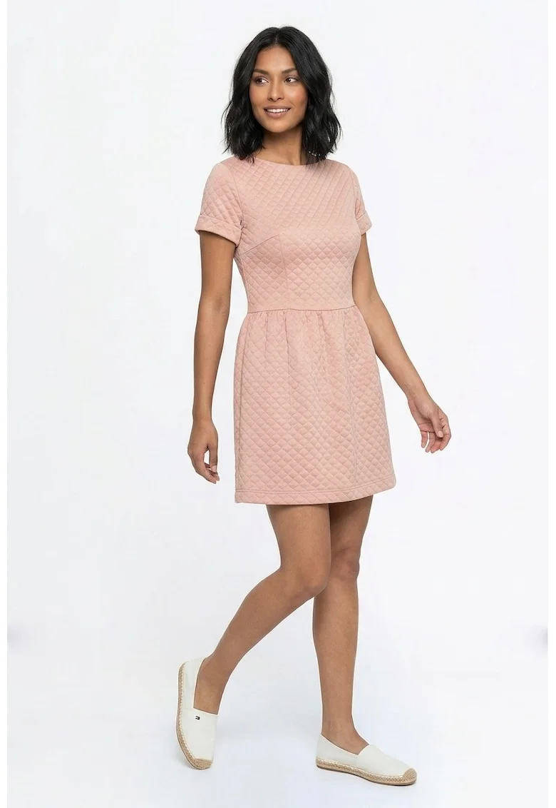 Rochie casual cu decolteu rotund, maneca scurta, croiala clasica evazata, midi, cu fermoar - M1366, Roz