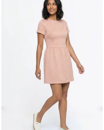 Rochie casual cu decolteu rotund, maneca scurta, croiala clasica evazata, midi, cu fermoar - M1366, Roz