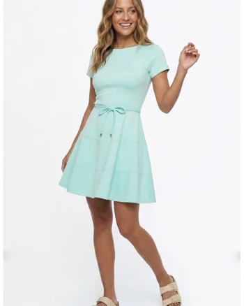 Rochie casual mini cu decolteu rotund, maneca scurta, croiala evazata si inchidere la spate - M1355, Verde menta