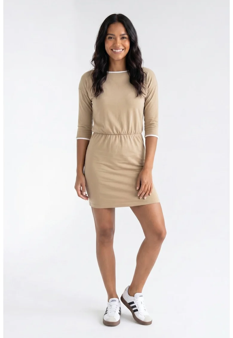 Rochie casual de zi, decolteu barca, maneca 3/4, croiala mulata, lungime mini, din bumbac, pentru primavara-vara - M1358, Bej