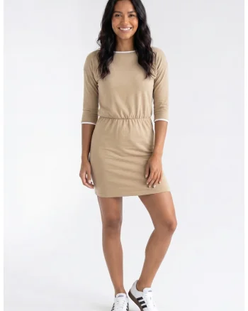 Rochie casual de zi, decolteu barca, maneca 3/4, croiala mulata, lungime mini, din bumbac, pentru primavara-vara - M1358, Bej