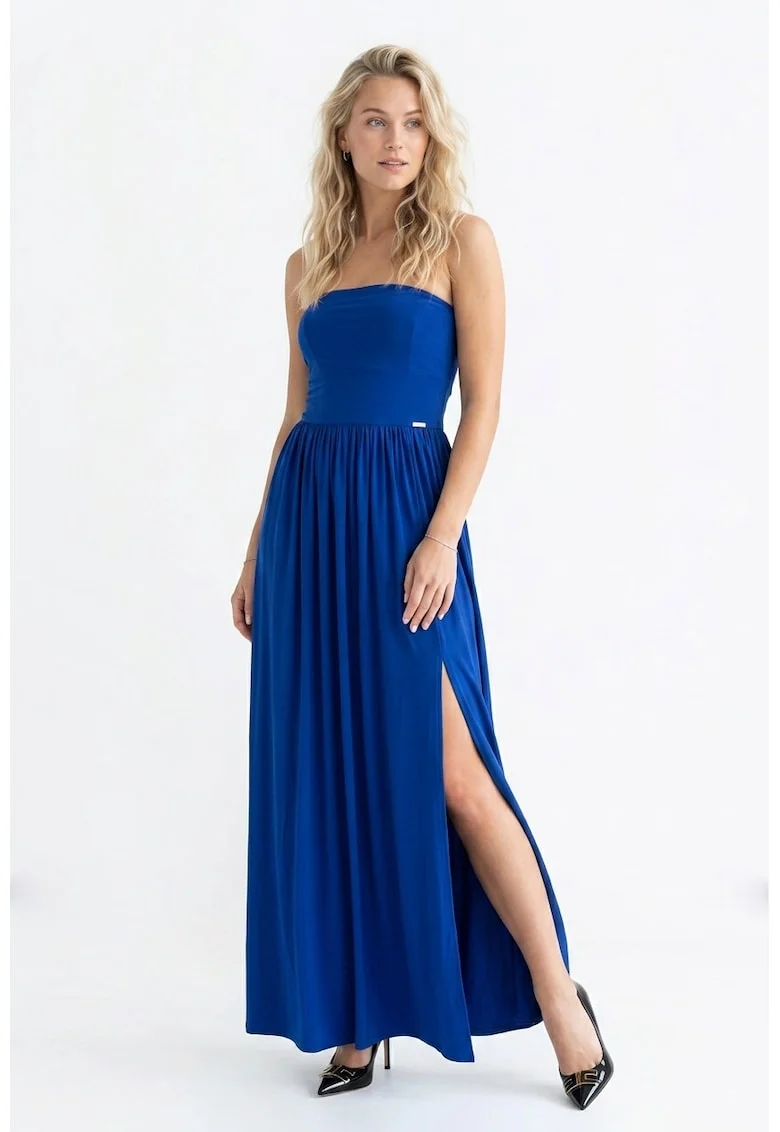 Rochie cocktail eleganta maxi, fara maneci, croiala dreapta, de tip tub, cu decolteu drept - M1344, Albastru