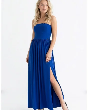 Rochie cocktail eleganta maxi, fara maneci, croiala dreapta, de tip tub, cu decolteu drept - M1344, Albastru