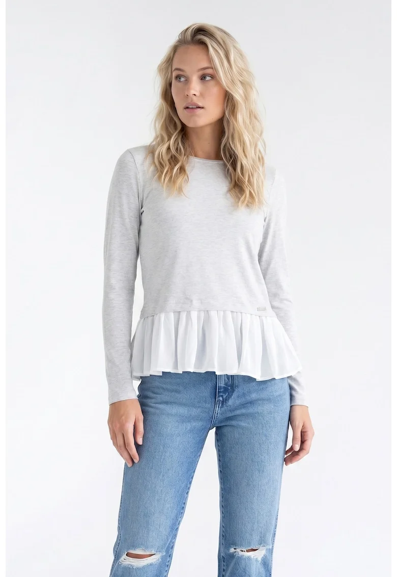 Bluza casual cu decolteu rotund, maneca lunga, croiala evazata, lungime standard, din vascoza - M1346, Gri deschis