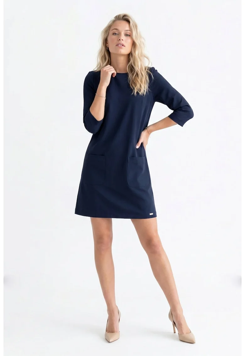 Rochie eleganta midi, cu decolteu rotund, maneca 3/4, croiala dreapta, cu fermoar si buzunare - M1350, Bleumarin