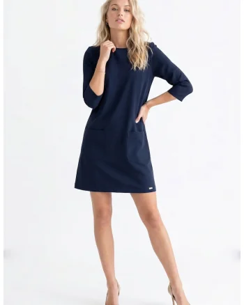 Rochie eleganta midi, cu decolteu rotund, maneca 3/4, croiala dreapta, cu fermoar si buzunare - M1350, Bleumarin