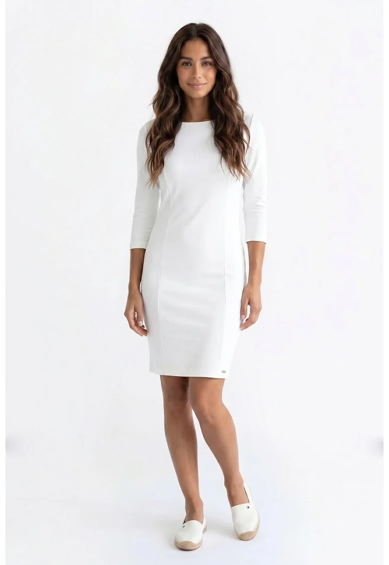 Rochie eleganta midi, croiala dreapta, cu decolteu rotund si maneci 3/4, cu inchidere cu fermoar - M1351, Ecru
