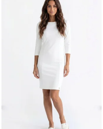 Rochie eleganta midi, croiala dreapta, cu decolteu rotund si maneci 3/4, cu inchidere cu fermoar - M1351, Ecru