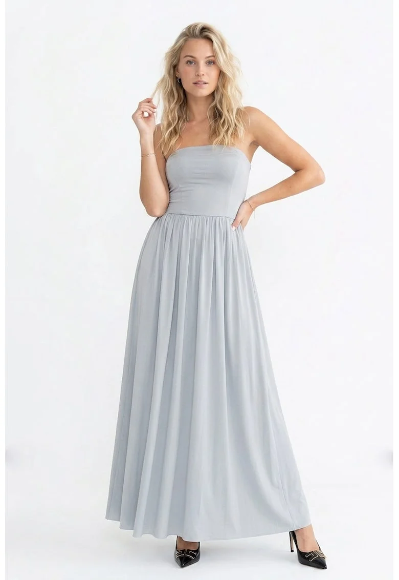 Rochie cocktail eleganta maxi, fara maneci, croiala dreapta, de tip tub, cu decolteu drept - M1344, Gri