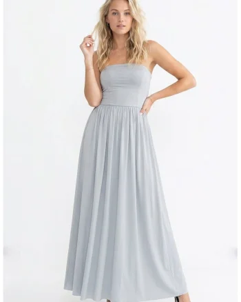Rochie cocktail eleganta maxi, fara maneci, croiala dreapta, de tip tub, cu decolteu drept - M1344, Gri