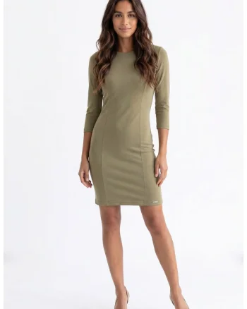 Rochie eleganta midi, croiala dreapta, cu decolteu rotund si maneci 3/4, cu inchidere cu fermoar - M1351, Verde masliniu/Maslinie