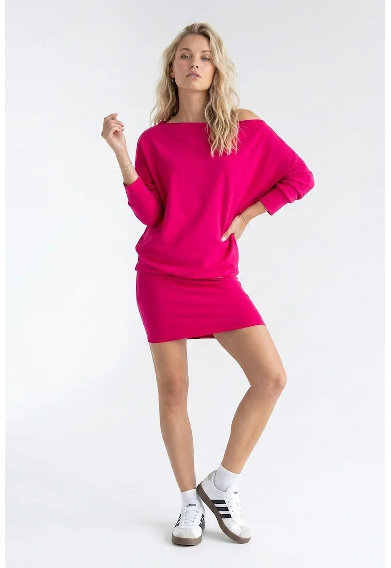 Rochie casual din bumbac, cu decolteu barca, maneci 3/4, croiala lejera, midi, fara inchidere - M1345, Fucsia